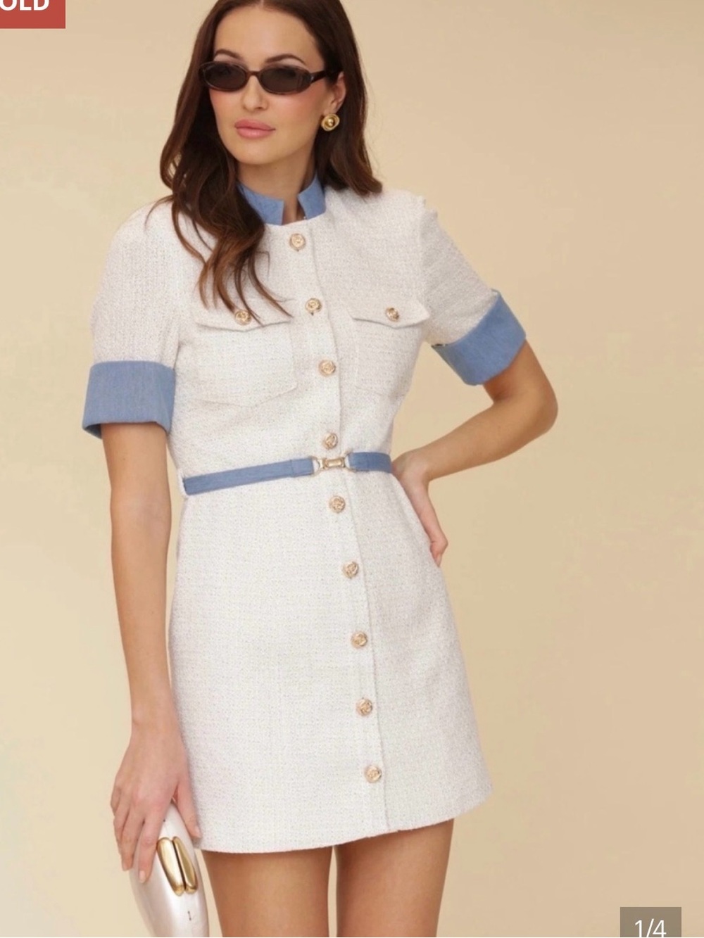 White Tweed Short Sleeve Dress with Blue Trim